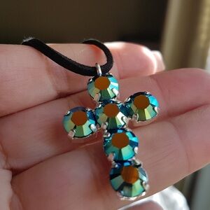 Swarovski Elements Iridescent Green Symbolic Cross Necklace on Black Suede NWT